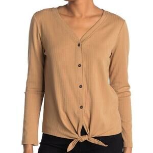 VELVET HEART Women's Camel Ribbed Tie Front V-Neck Long Sleeve Knit Top Sz S